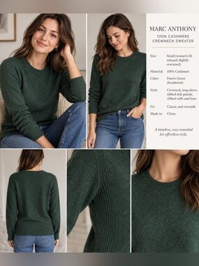 Marc Anthony Small 100% Cashmere Sweater Forest Green Crewneck Quiet Luxury Nice
